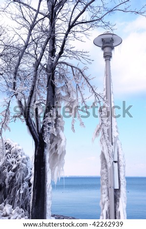 The lake shore on lake Ontario after a heavy snow and ice storm.