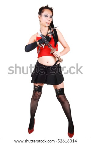 stock photo Pretty Asian pirate girl in black stockings and short skirt