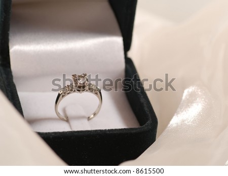 diamond ring in velvet box on ivory diaphanous fabric