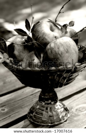 harvest apple centerpiece in an aged black & white with soft focus