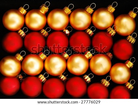closeup red and gold Christmas ornaments