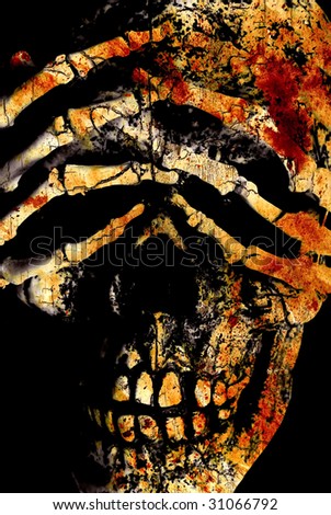 see no evil - skull textured with paint and cracked wood overlays