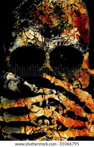 speak no evil - skull textured with paint and cracked wood overlays