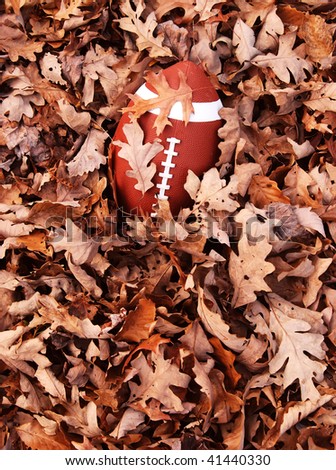 football in the leaf pile