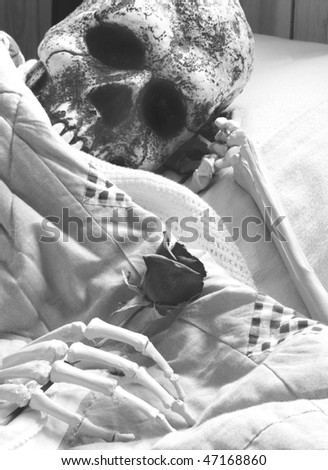 skeleton waits in bed with rose