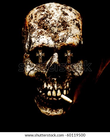 consequences of smoking - skull smokes a cigarette with tombstones in the eye sockets