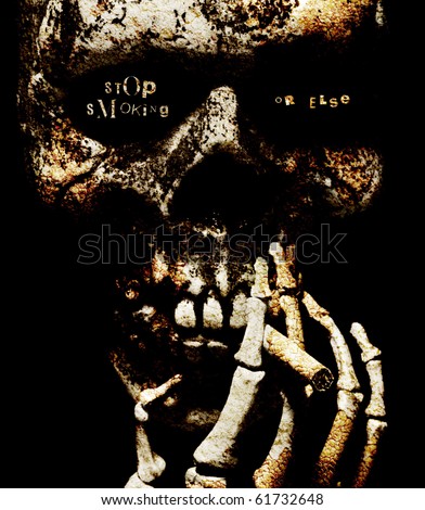 stop smoking or else - a ransom note style threat written in the eye sockets of a skull smoking a cigarette, textured with cracked stone and lichen
