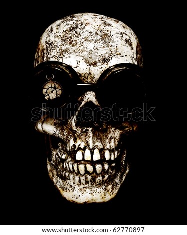 photograph of a skull wearing steampunk goggles with the reflection of a broken fob watch - concept of mortality or Time\'s up