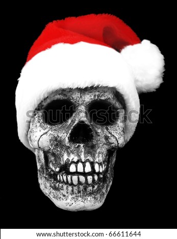 closeup of a skull wearing a santa hat