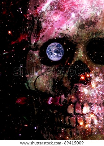 skull among a galaxy of stars with the earth in its eye socket - source space images from NASA/courtesy of NASAimages.org