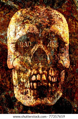 skull textured with layers of rust and cracked slate, with the words \