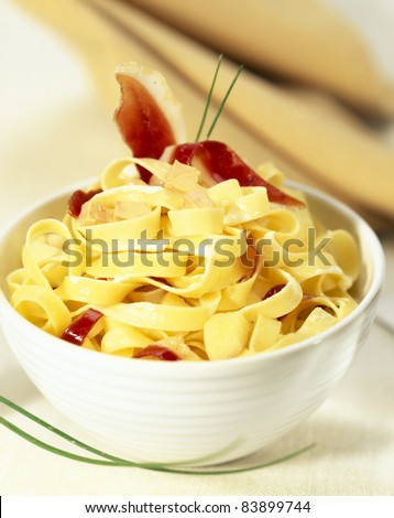 Pasta with diced foie gras and smoked duck breast
