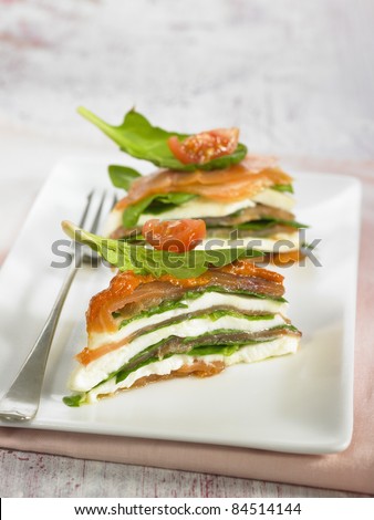 Spinach, smoked salmon, tomato and mozzarella mille-feuille
