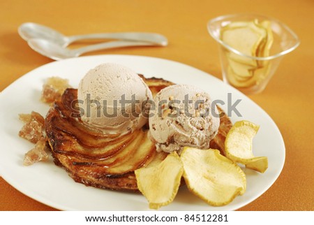 Thin apple tart, toffee ice cream and apple crisps