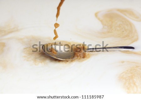 Coffee and milk drops in the spoon and splashes