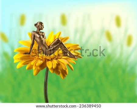 Sexy woman pixie sitting on yellow gerber daisy in fantasy magic world
