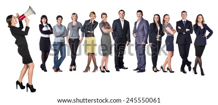 Recruitment agency. Business woman with megaphone standing in front of other busines people