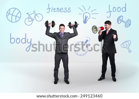 Young Businessman Lifting Dumbbell, Symbol For Motivation, Isolated on White