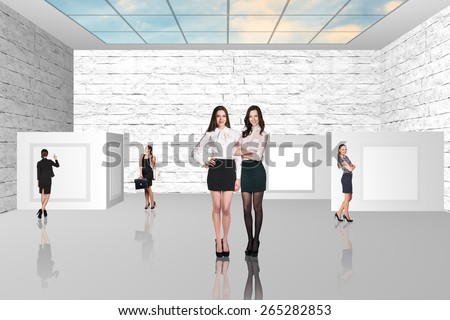 Business people walking on art gallery with sky roof