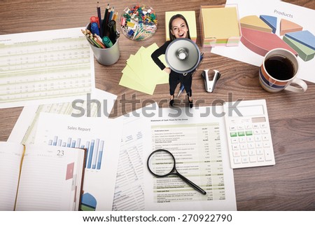 Woman with megaphone on office table. Desk office financial accounting graphs analysis