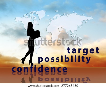 Image of confident businesswoman with briefcase walking up to target. Map from NASA