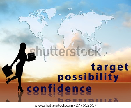 Image of confident businesswoman with briefcase walking up to target. Map from NASA http://visibleearth.nasa.gov/view_rec.php?id=2433.