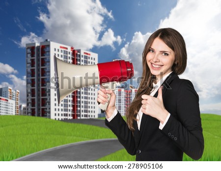 Woman with thumb up speaking in megaphone