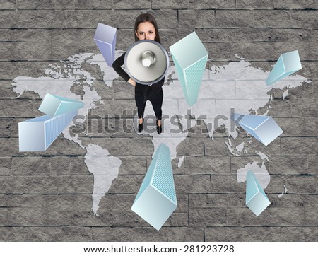 Woman with megaphone standing on the map