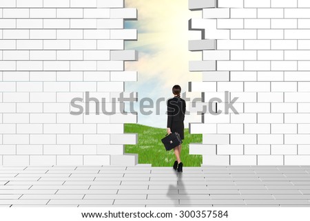 Beautiful businessperson watching dilapidated brick wall, green meadow and sky as backdrop.