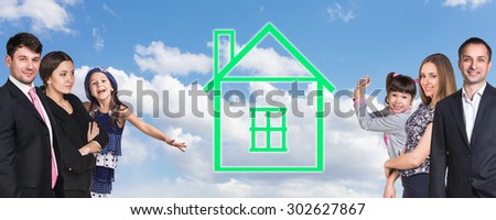 Happy caucasian family on the background of sky with home logo