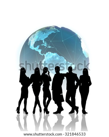 Silhouettes of business people in front of the globe.Elements of this image furnished by NASA
