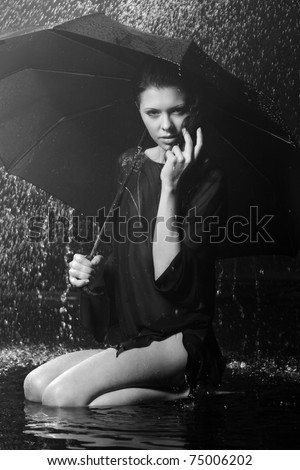 Fashion girl in aqua studio with umbrella. Black and white