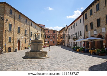 italy. Romagna Apennines, San-Leo village main square with the fountain.