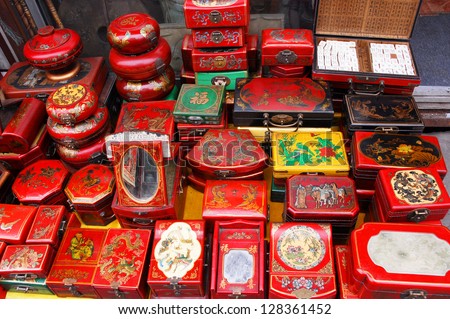 SHANGHAI, CHINA-MAY 4:  Dongtai Lu Antique Market Chinese boxes on sales. The market is great for mementos and souvenirs of Shanghai. May 4, 2007 Shanghai, China