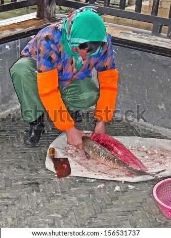 JINXI, SHANGHAI, CHINA  FEBRUARY 6: lady preparing fish for cooking. The ancient village is a Shanghai tourist attraction with 100000 visitors per year. February 6, 2005, Jinxi, China