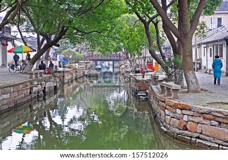 JINXI, SHANGHAI, CHINA Ã¢Â?Â? JANUARY 9: typical village waterway. The ancient village is a Shanghai tourist attraction with 100000 visitors per year. January 9, 2010, Jinxi, China