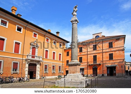 RAVENNA, ITALY Ã¢Â?Â?May 9: downtown obelisk with the eagle. The city defined by UNESCO heritage of humanity has 3 million tourists per year. May 9, 2013 Ravenna Italy