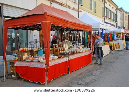 RUSSI, RAVENNA, ITALY- MARCH 30, 2014: natural perfumes and soaps vendor at the Seven Sorrows annual fair. The exhibition is very popular in the city and attracts thousands of people.