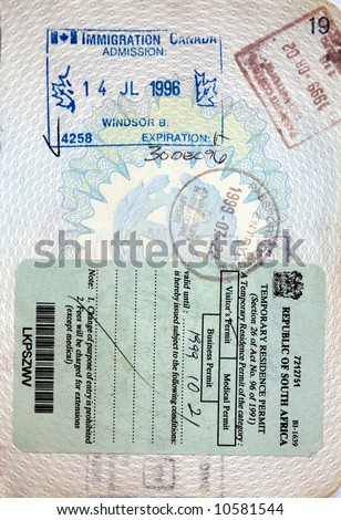Italian passport. Canada, South Africa border stamps.