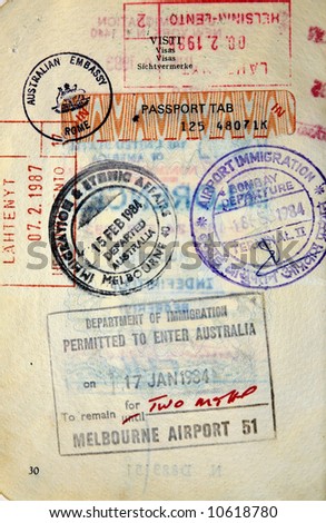 Italian passport. Australia,Finland border stamps
