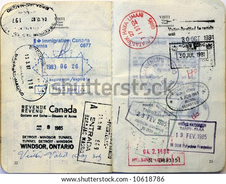 Italian passport. Various border stamps