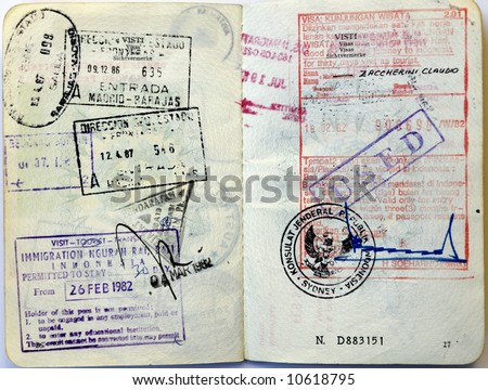 Italian passport. Indonesia entry visa and border stamps
