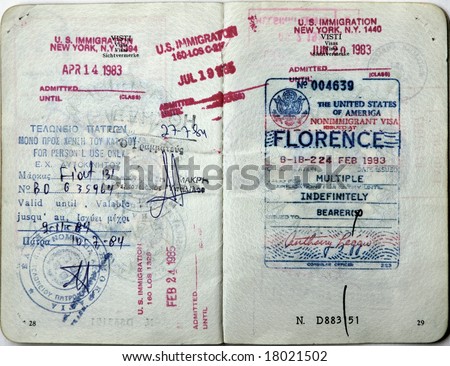 Italian passport. USA entry visa and border stamps.Greece entry visa.