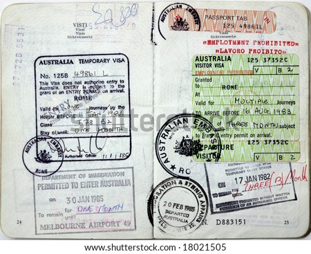 Italian passport. Australia entry visa and border stamps