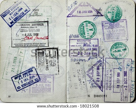 Italian passport. Greece,Finland,Singapore,Australia,Thailand border stamps.