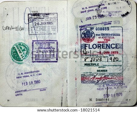 Italian passport. USA entry visa and border stamps. Malaysia and Singapore border stamps