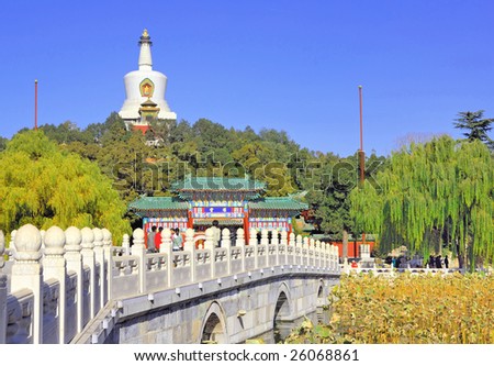 China Beijing Beihai imperial park Yongan bridge and White pagoda