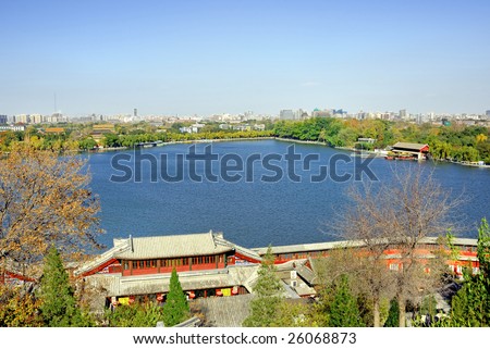 China Beijing Beihai imperial park lake and Beijing skyline