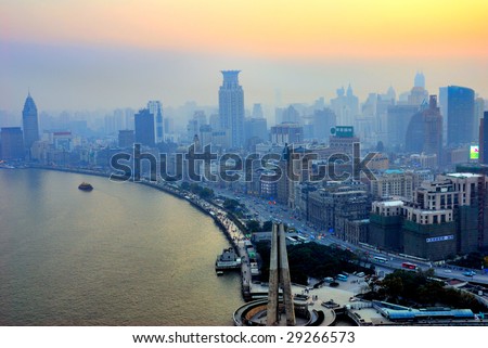 China Shanghai  the Bund and Puxi skyline at sunset.