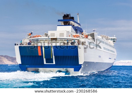 Large ferry boat sailing in Mediterranean sea.
